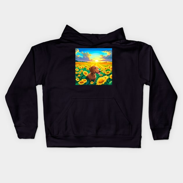 Dachshund in a Field of Sunflowers Kids Hoodie by KayBeeTees